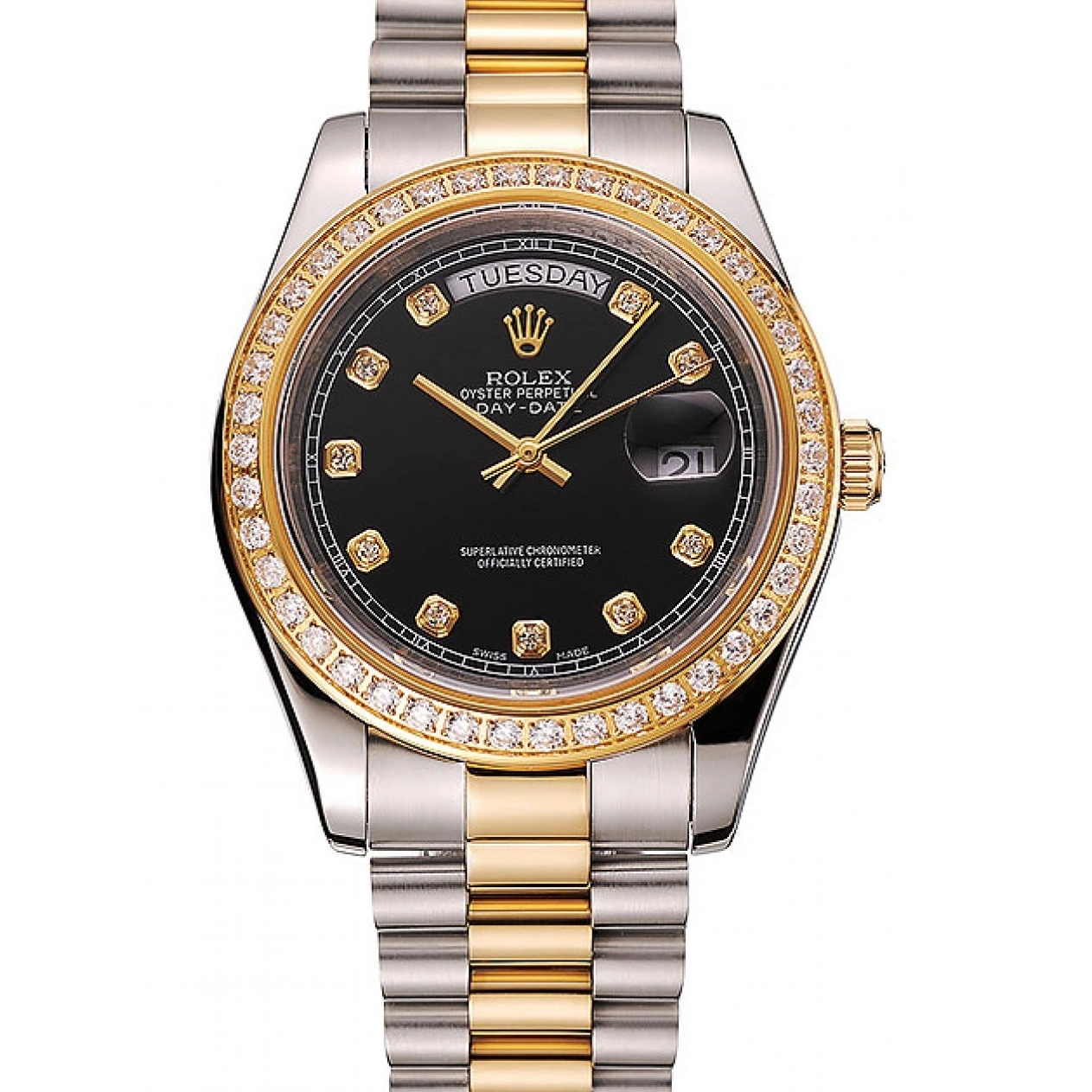 Aaa replica watch Rolex Diamond Gold Tone Dial Two Swiss Stainless Bracelet Black Steel Case Day-Date 1453975 0817